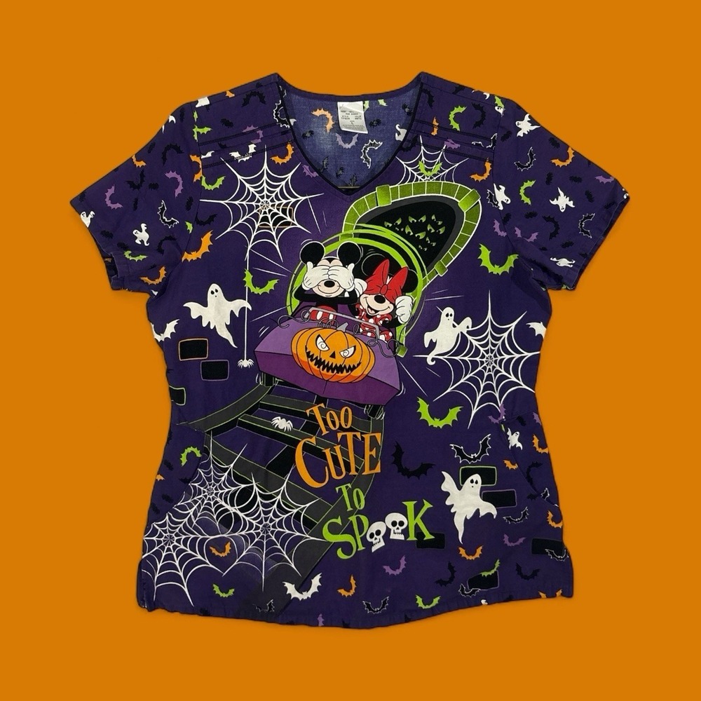 Disney Mickey Mouse Halloween Purple SIZE LARGE Nurse Scrub Top Uniform